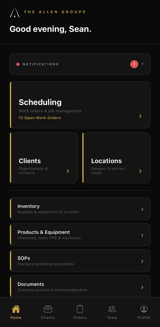 The Allen Groupe app dashboard, showing modules for scheduling, clients, locations, inventory, products and equipment, standard operating procedures and company documents.