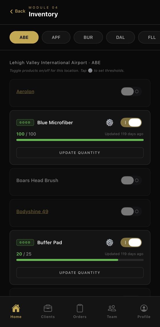The inventory screen in The Allen Groupe app, showing products stocked at a single airport with quantities against par levels and the date each was last updated.