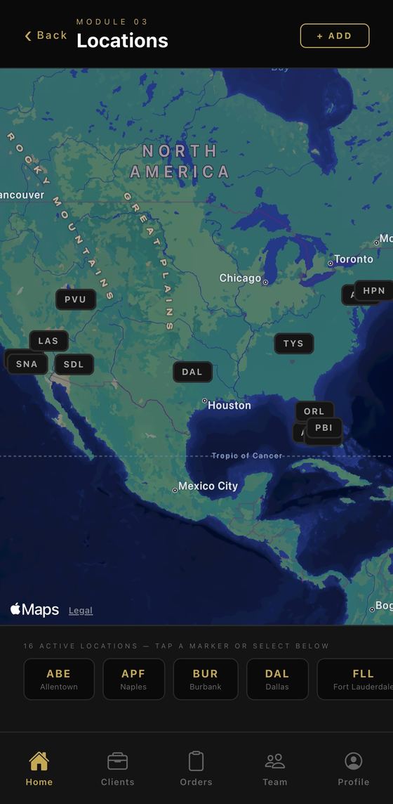 A map of active service locations in The Allen Groupe app with airport code markers across the United States and a list of bases beneath it.