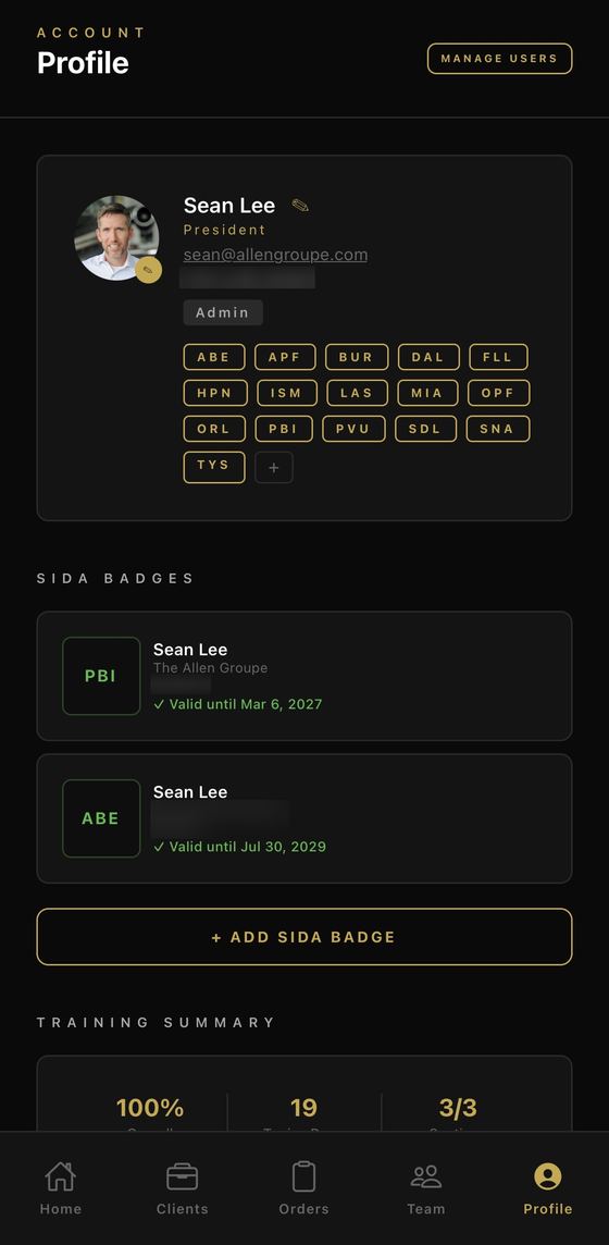 A team member profile in The Allen Groupe app, showing the airports that person is authorized at and their SIDA badges with expiry dates. Client names and badge numbers are obscured.