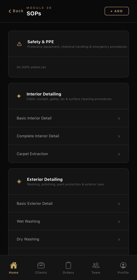 The standard operating procedures screen in The Allen Groupe app, listing interior and exterior detailing procedures grouped by category.