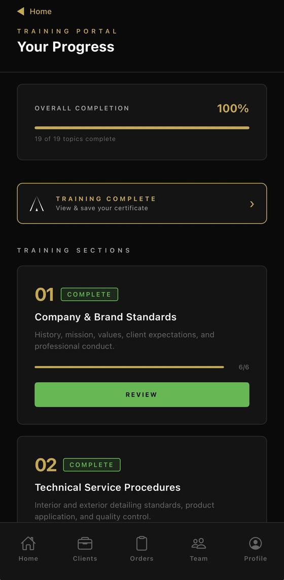 The training portal in The Allen Groupe app, showing overall completion, a certificate of completion and training sections covering company standards and technical service procedures.